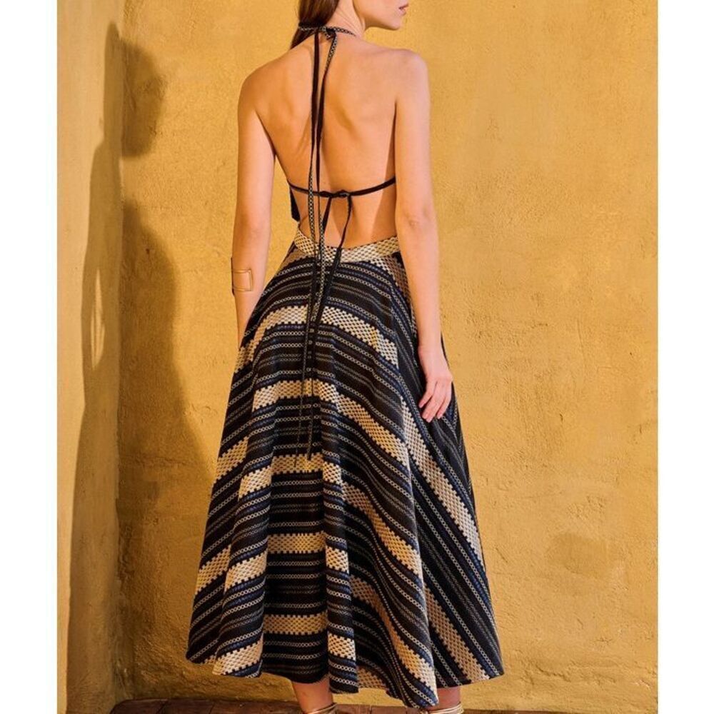 LACE the Label Black gold jacquard Midi Halter Dress Vacation size S NWT$590